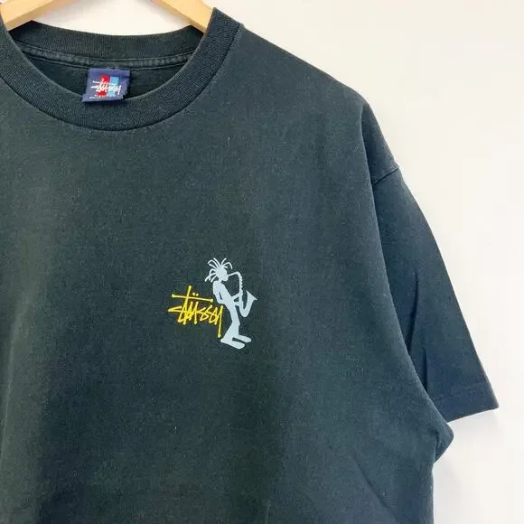 Vintage 90s Stussy Jazz Man Graphic T-shirt Black Crew Neck Casual